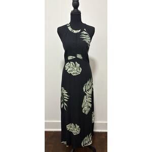 Ann Taylor Factory Black Green Tropical Leaf Maxi Dress Keyhole Sleeveless 12